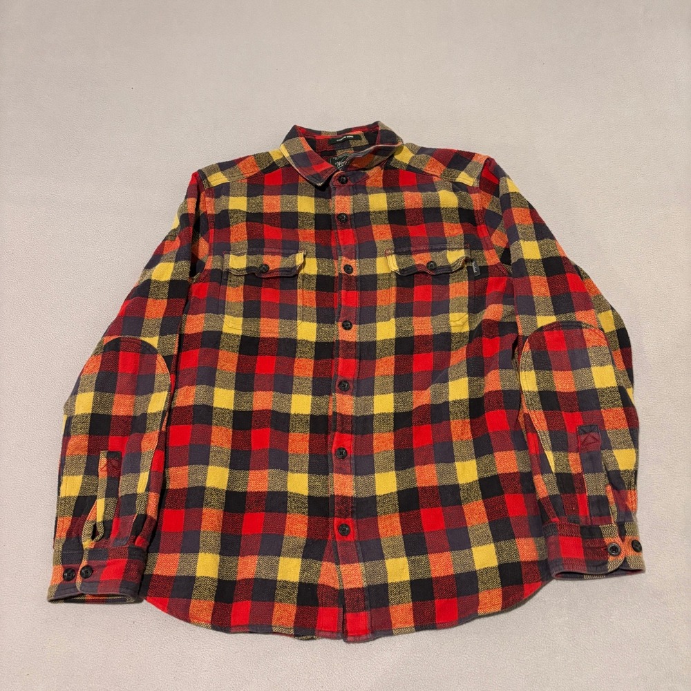 Woolrich Oxbow Bend Flannel Shirt Mens Large Red Yellow Plaid Elbow Patches 8111